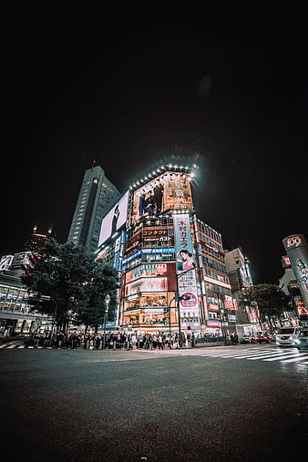 Night view of Shibuya Crossing in Tokyo with neon lights