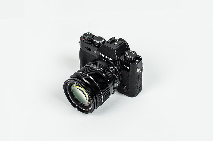 Black Fujifilm X-T10 Camera on White Background