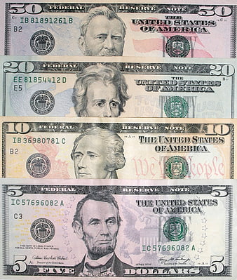 Stack of US Dollar Bills: 50, 20, 10, and 5