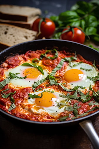 Shakshuka with eggs in tomato sauce and fresh basil