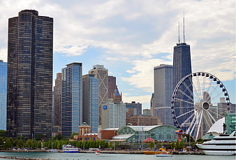 Chicago City Skyline With Navy Pier Ferris Wheel And Lakefront
