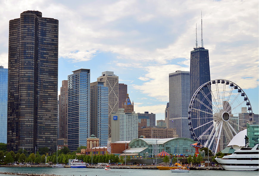 Chicago City Skyline With Navy Pier Ferris Wheel And Lakefront