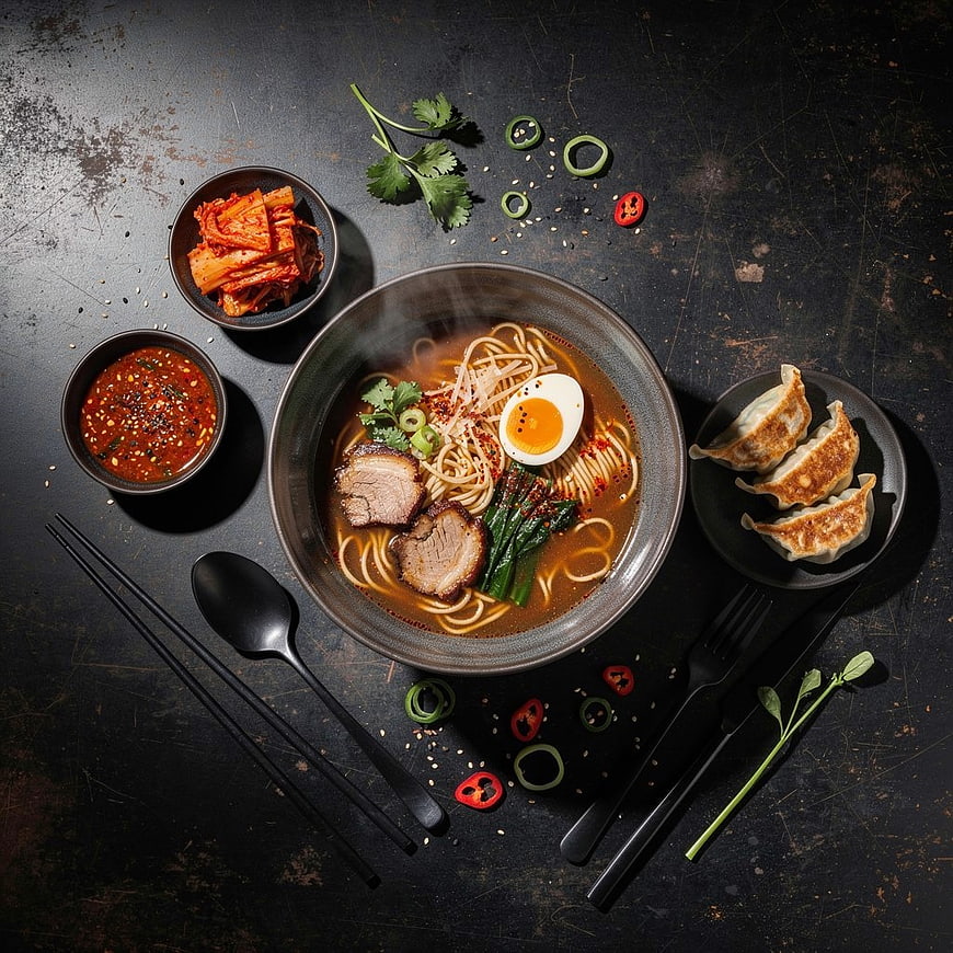 Top View of Spicy Ramen Bowl with Dumplings and Kimchi