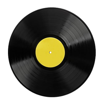 Top view of black vinyl record with yellow label on white background