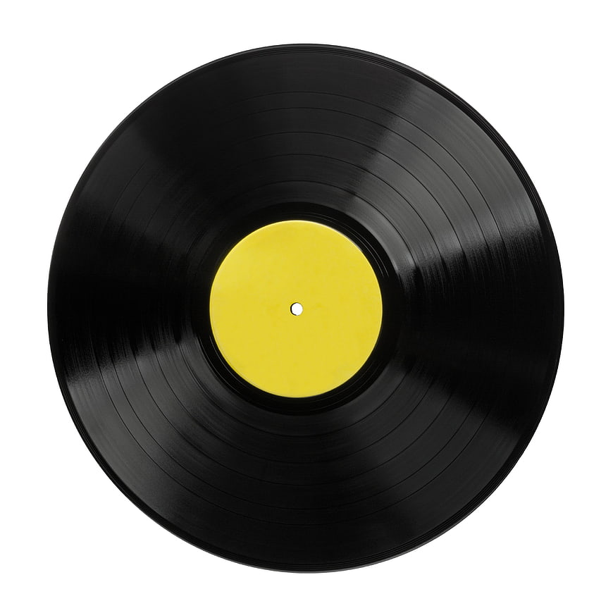 Top view of black vinyl record with yellow label on white background