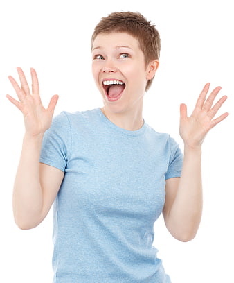 Excited young woman with short hair shouting joyfully