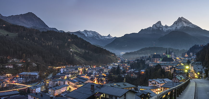 Panoramic twilight view of Berchtesgaden town and Alps