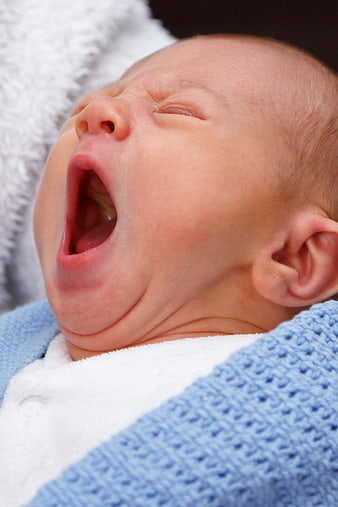 Close-up of a yawning newborn baby wrapped in blue blanket