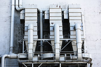 Industrial ventilation system with pipes and metal ducts