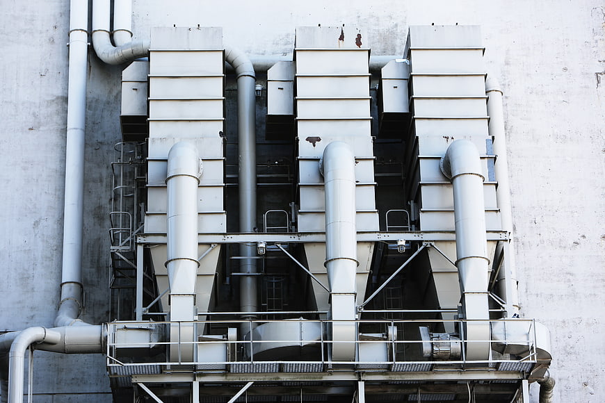 Industrial ventilation system with pipes and metal ducts