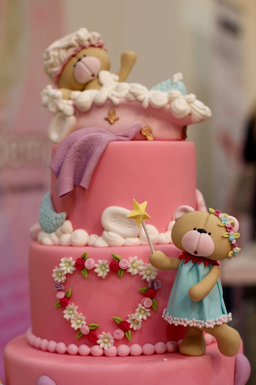 Pink Marzipan Bear Bath Cake With Floral Heart And Star Wand