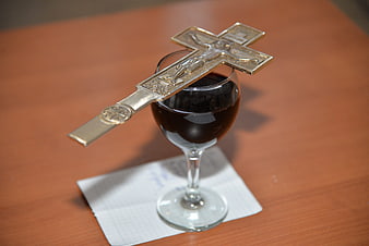 Silver Cross on Wine Glass for Communion
