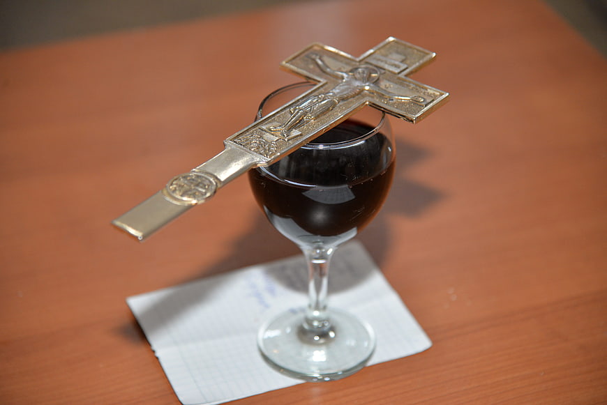 Silver Cross on Wine Glass for Communion