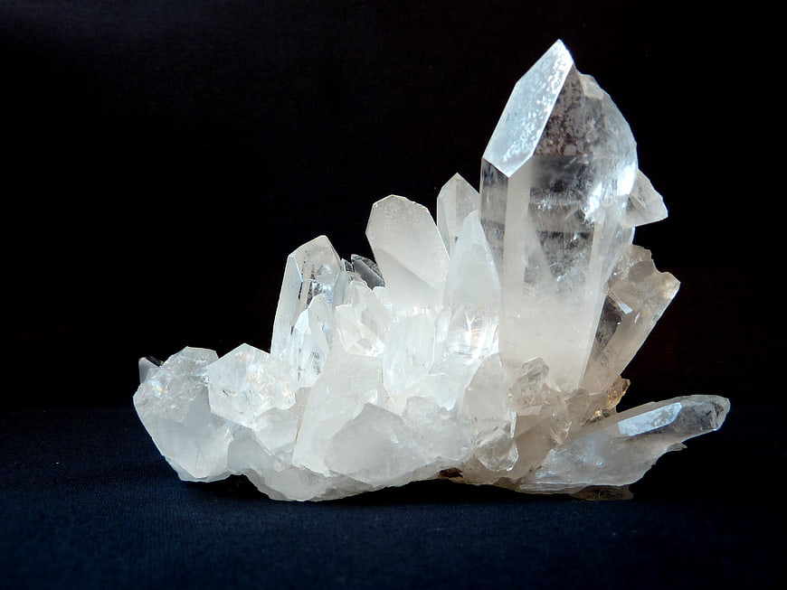 Clear Quartz Crystal Cluster on Black Background