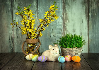 Cute Rabbit With Easter Eggs And Spring Flowers