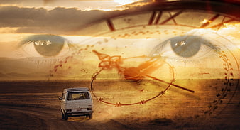 Surreal photomontage of van driving in desert with clock and eyes