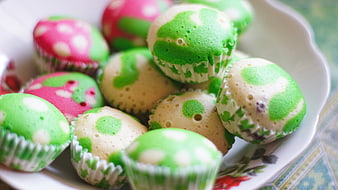 Colorful Green and Pink Polka Dot Cupcakes on White Plate