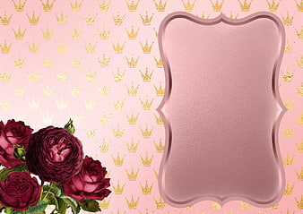 Pink Crown Pattern Background With Dark Red Roses And Ornate Frame