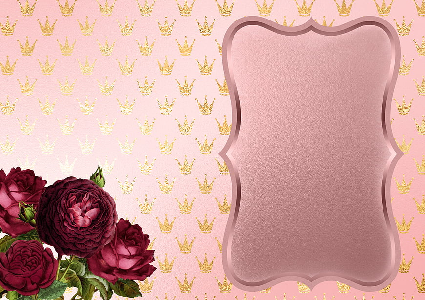 Pink Crown Pattern Background With Dark Red Roses And Ornate Frame