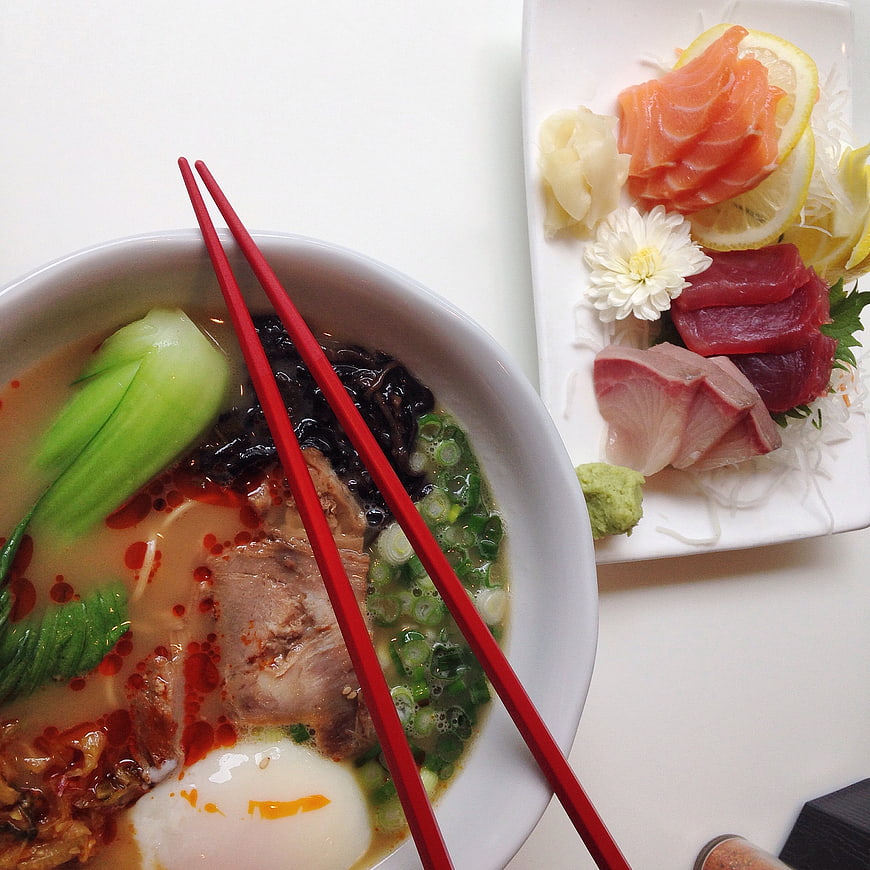 Japanese Ramen Bowl and Sashimi Platter with Chopsticks