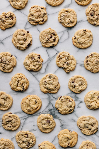 Top View Chocolate Chip Cookies on White Marble Background