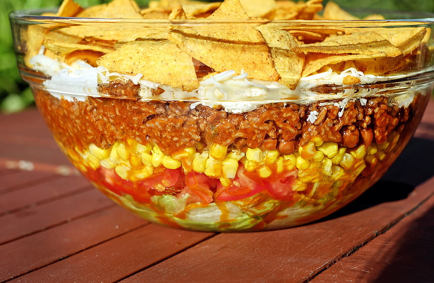 Layered Mexican Taco Salad Bowl With Toppings