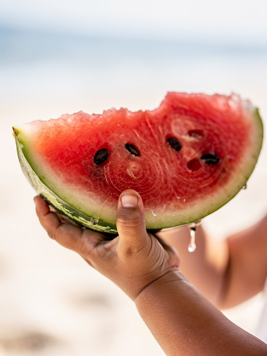 Hand Holding Juicy Watermelon Slice on Beach