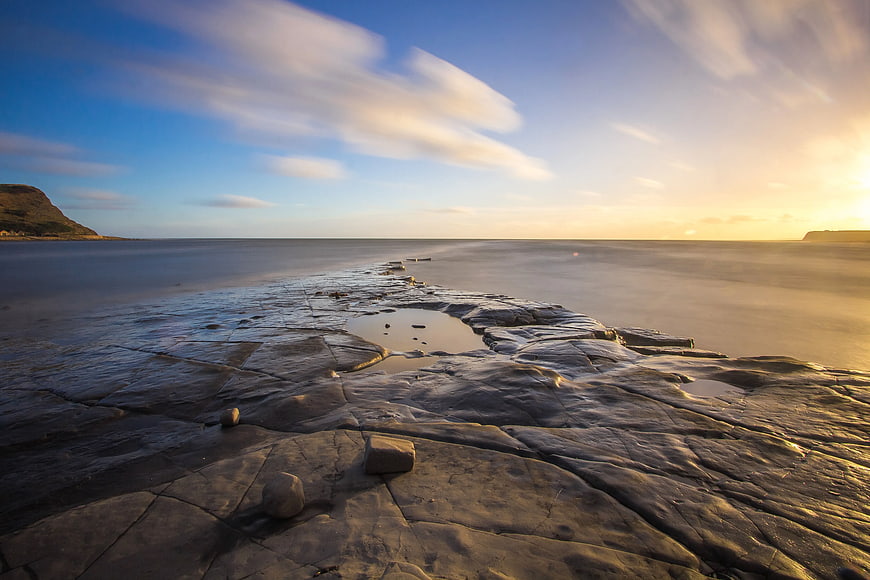 Long Exposure Rocky Shoreline at Golden Hour