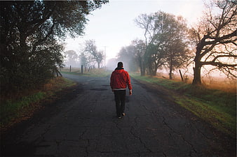 Man in Red Jacket Walking Down Foggy Rural Road