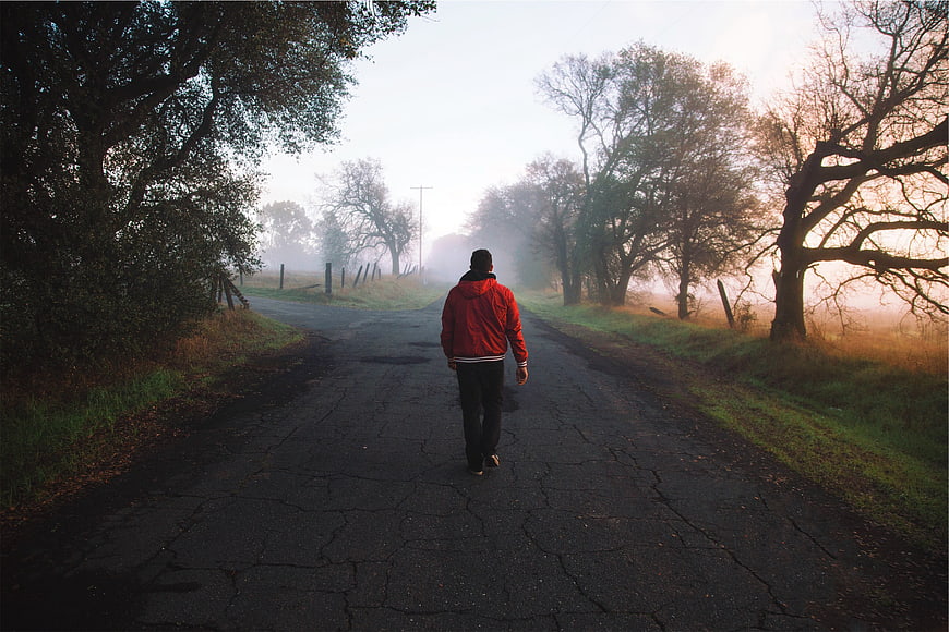 Man in Red Jacket Walking Down Foggy Rural Road