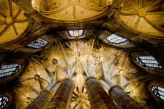 Gothic Cathedral Ceiling with Stained Glass Windows
