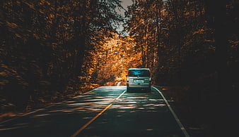 Silver Van Driving on Winding Forest Road in Autumn