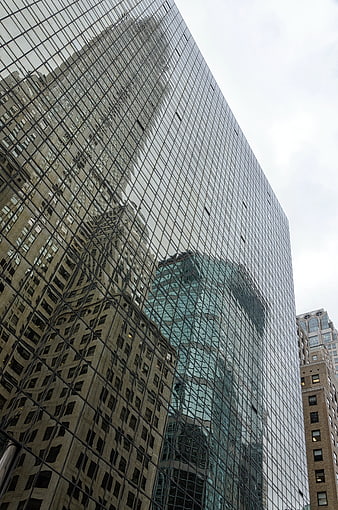 Low angle view of modern glass skyscraper reflecting city buildings