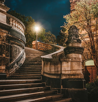 Historic Stone Staircase at Night in Dresden, Germany