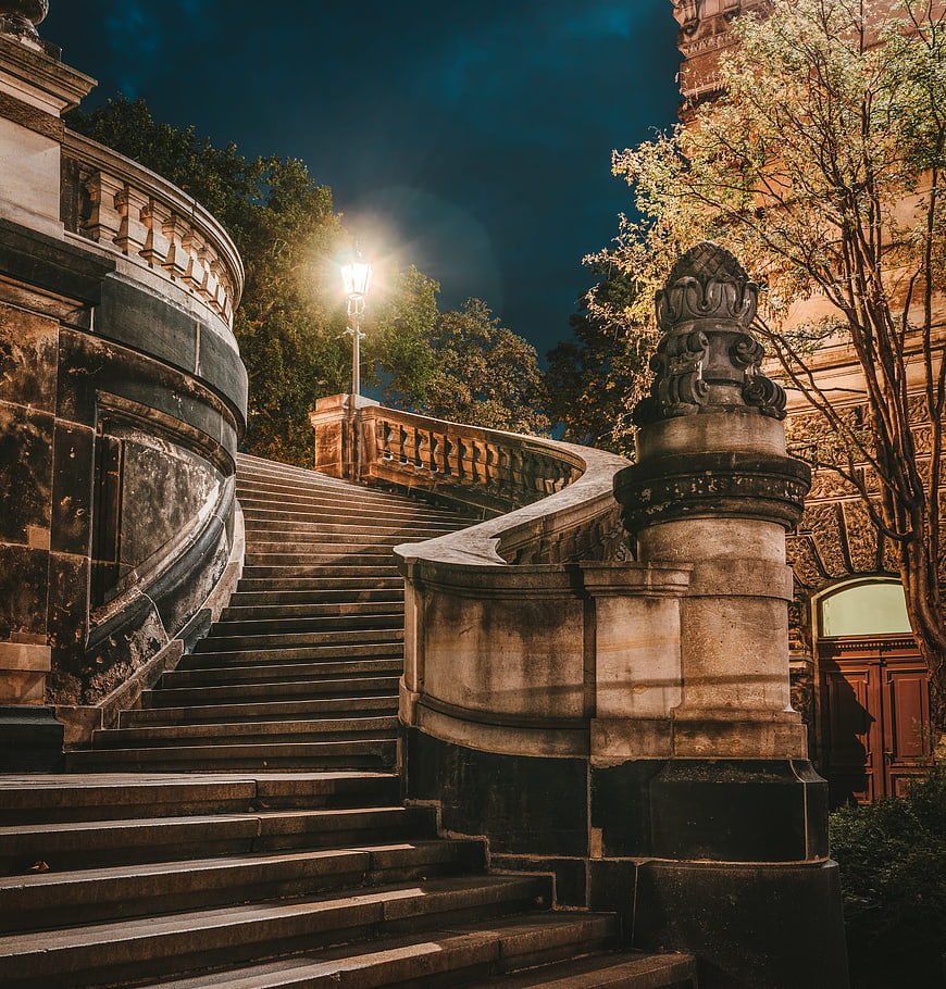 Historic Stone Staircase at Night in Dresden, Germany
