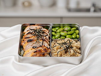 Healthy Grilled Chicken Bento Box with Quinoa and Edamame