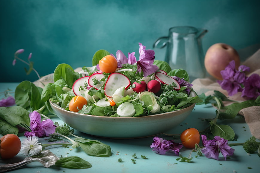 Fresh Spring Salad with Radishes, Spinach, and Edible Flowers
