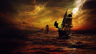 Dramatic Pirate Ships Sailing on Stormy Sea at Sunset