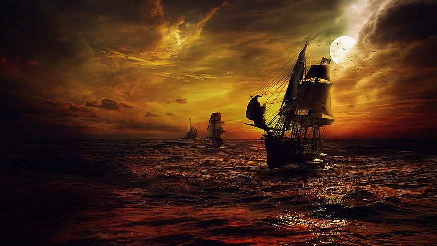 Dramatic Pirate Ships Sailing on Stormy Sea at Sunset