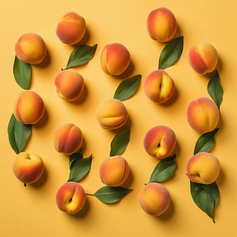 Fresh Peaches and Leaves on Yellow Background