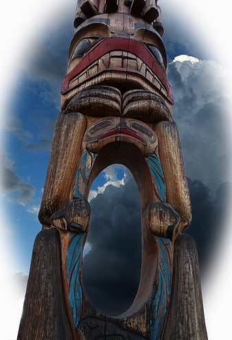 Low Angle View of Weathered Native American Totem Pole