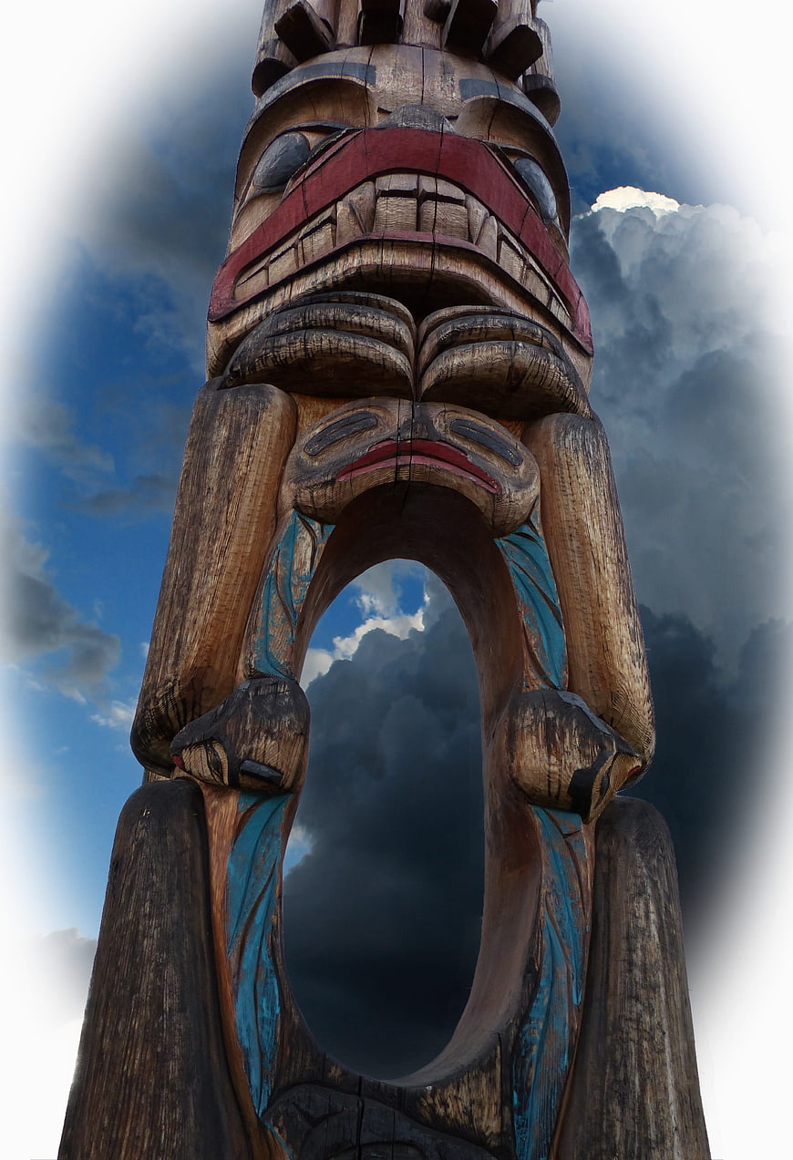 Low Angle View of Weathered Native American Totem Pole