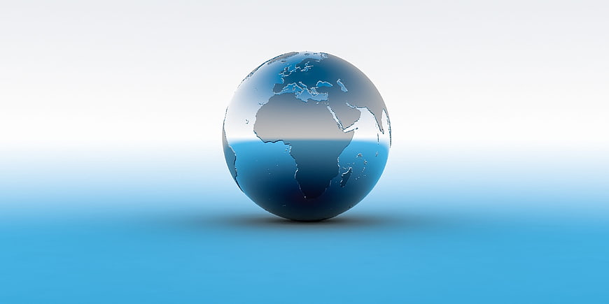 3D Blue Glass Globe with Africa and Europe on Gradient Background