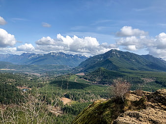 Scenic mountain landscape with green forest and blue sky