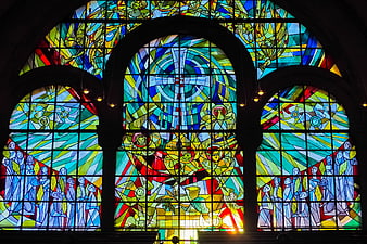 Vibrant Modern Stained Glass Window in Church Interior
