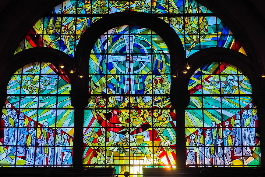 Vibrant Modern Stained Glass Window in Church Interior