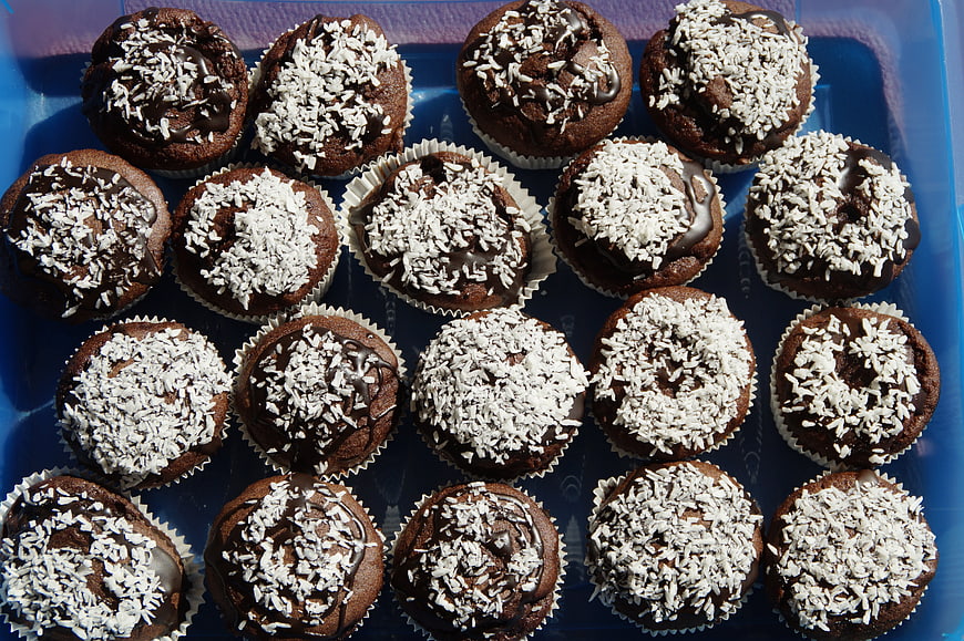 Chocolate Coconut Muffins Arranged In Blue Tray