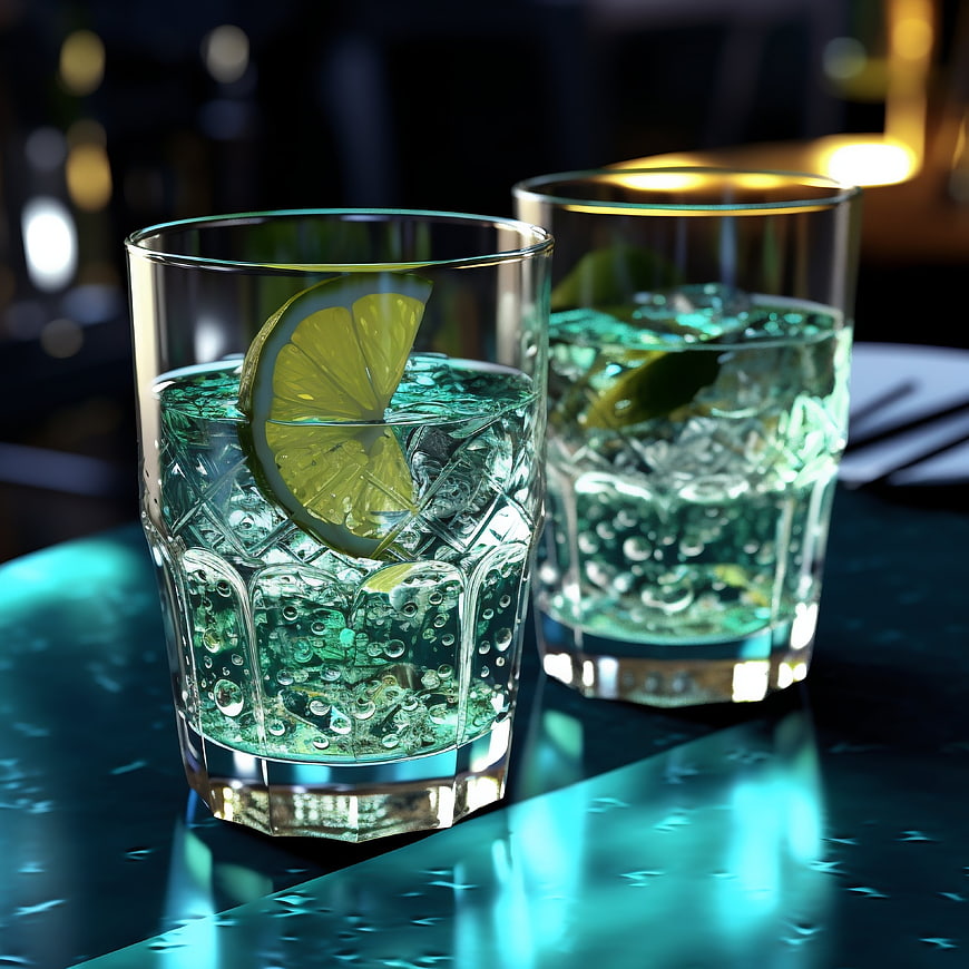 Sparkling water with lime slices in textured glasses