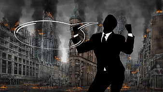 Silhouette of arrogant man with thought bubble in burning city