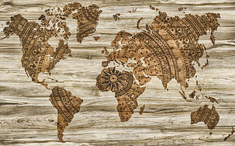 Vintage World Map on Weathered Wood Texture Background